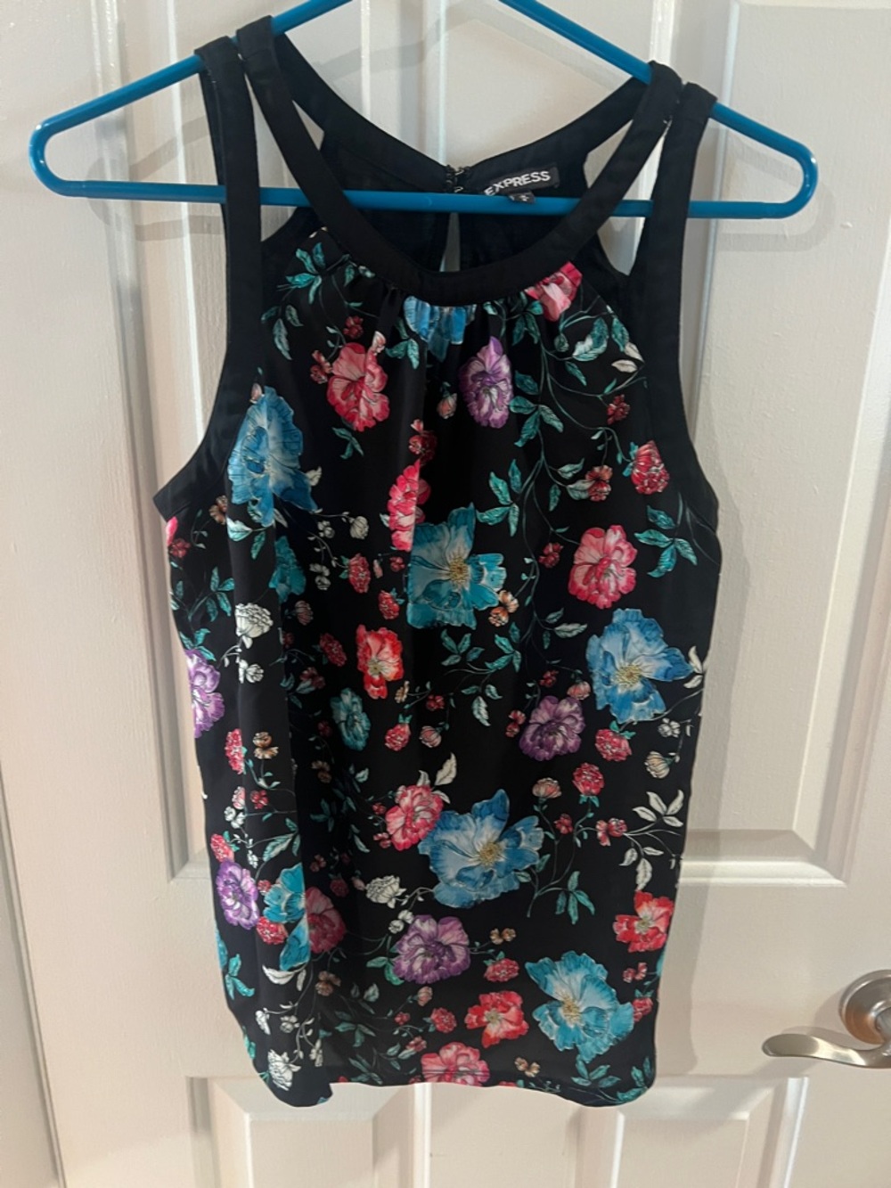 Express Black Floral High-Neck Tank with Multi-Colored Blooms